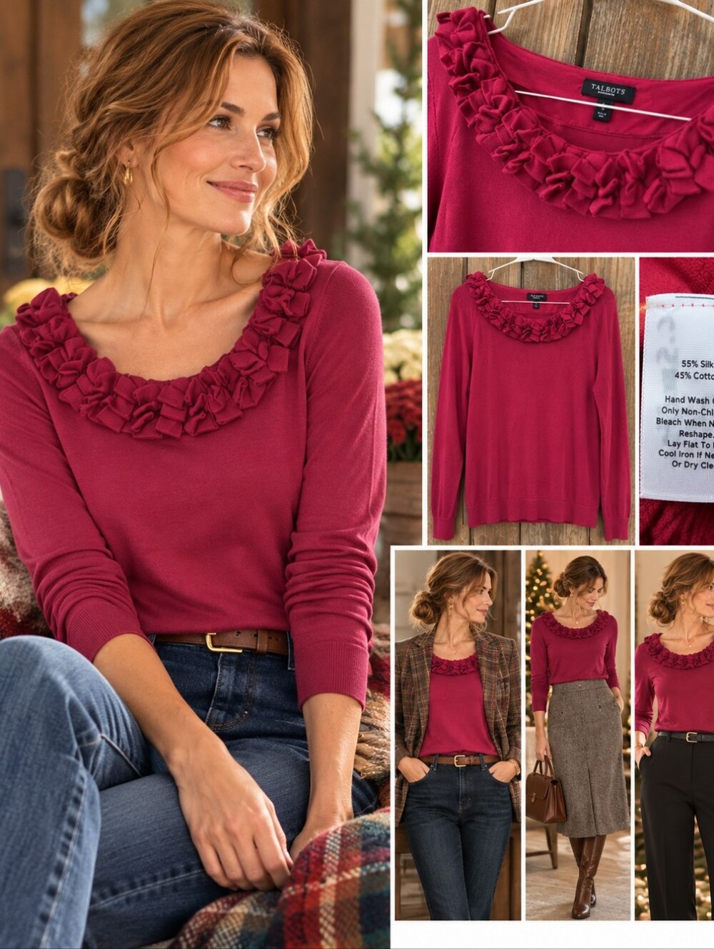 Talbots Silk Cotton Ruffle Neck Sweater Top Raspberry Pink Feminine Romantic